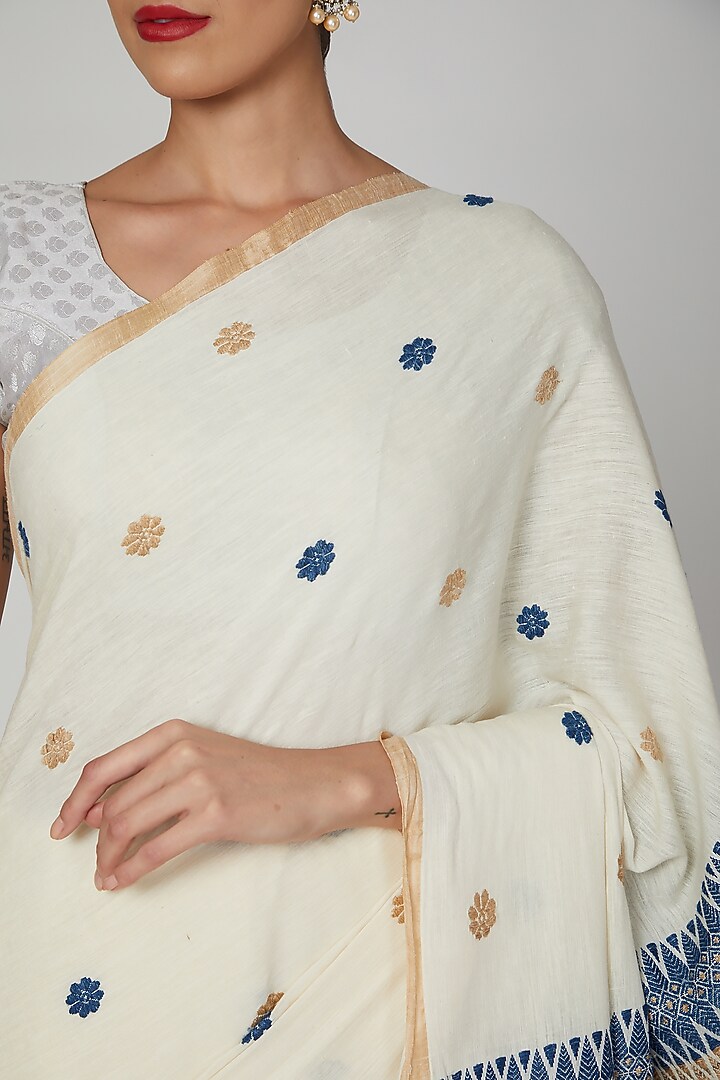White Eri Silk Party Wear Saree Set With Indigo Dyed & Muga Silk Motifs by The Silk Chamber at Pernia's Pop Up Shop