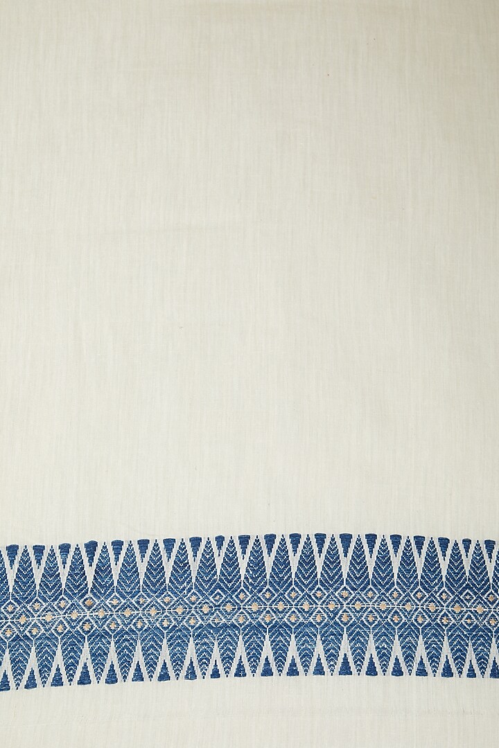 White Eri Silk Party Wear Saree Set With Indigo Dyed & Muga Silk Motifs by The Silk Chamber at Pernia's Pop Up Shop