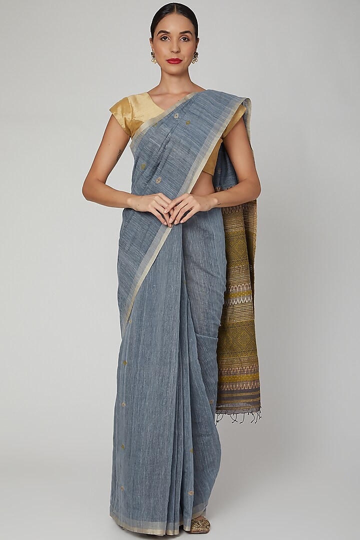 Inknut Grey Dyed Silk Party Wear Saree Set with Bodo Tribal Motifs by The Silk Chamber at Pernia's Pop Up Shop