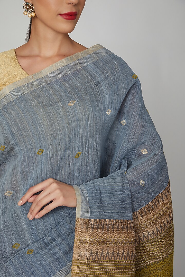 Inknut Grey Dyed Silk Party Wear Saree Set with Bodo Tribal Motifs by The Silk Chamber at Pernia's Pop Up Shop