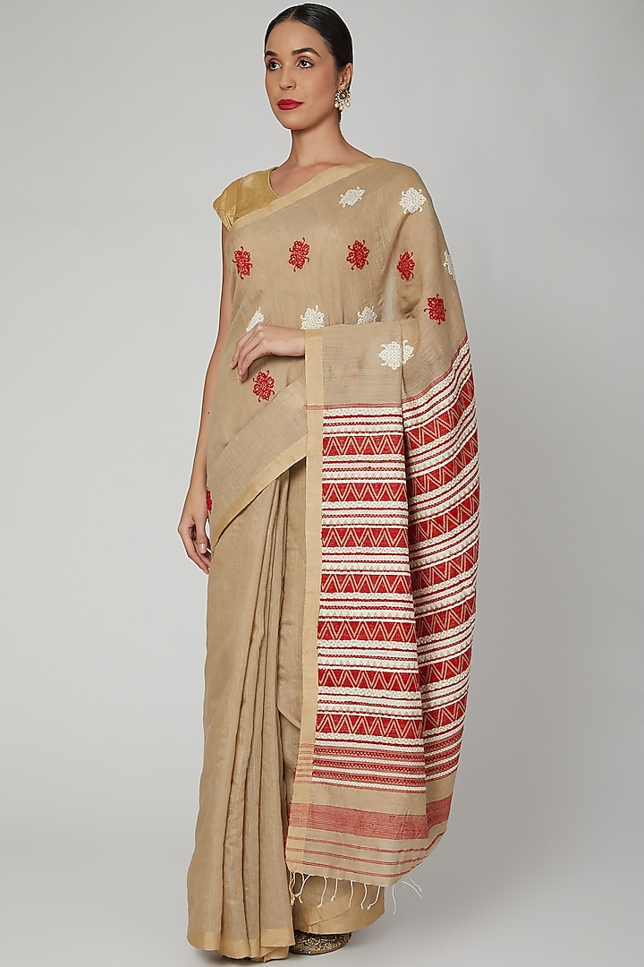 Tea Brown Dyed Silk Saree Set With Assamese Tribal Motifs by The Silk Chamber