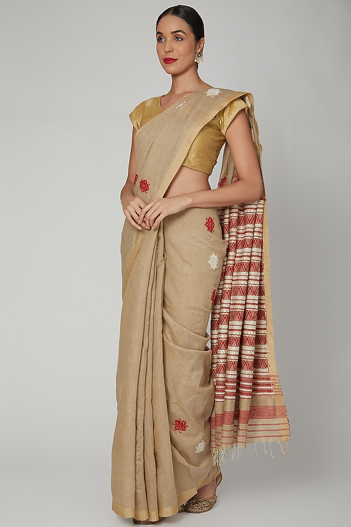 Tea Brown Dyed Silk Party Wear Saree Set With Assamese Tribal Motifs by The Silk Chamber at Pernia's Pop Up Shop