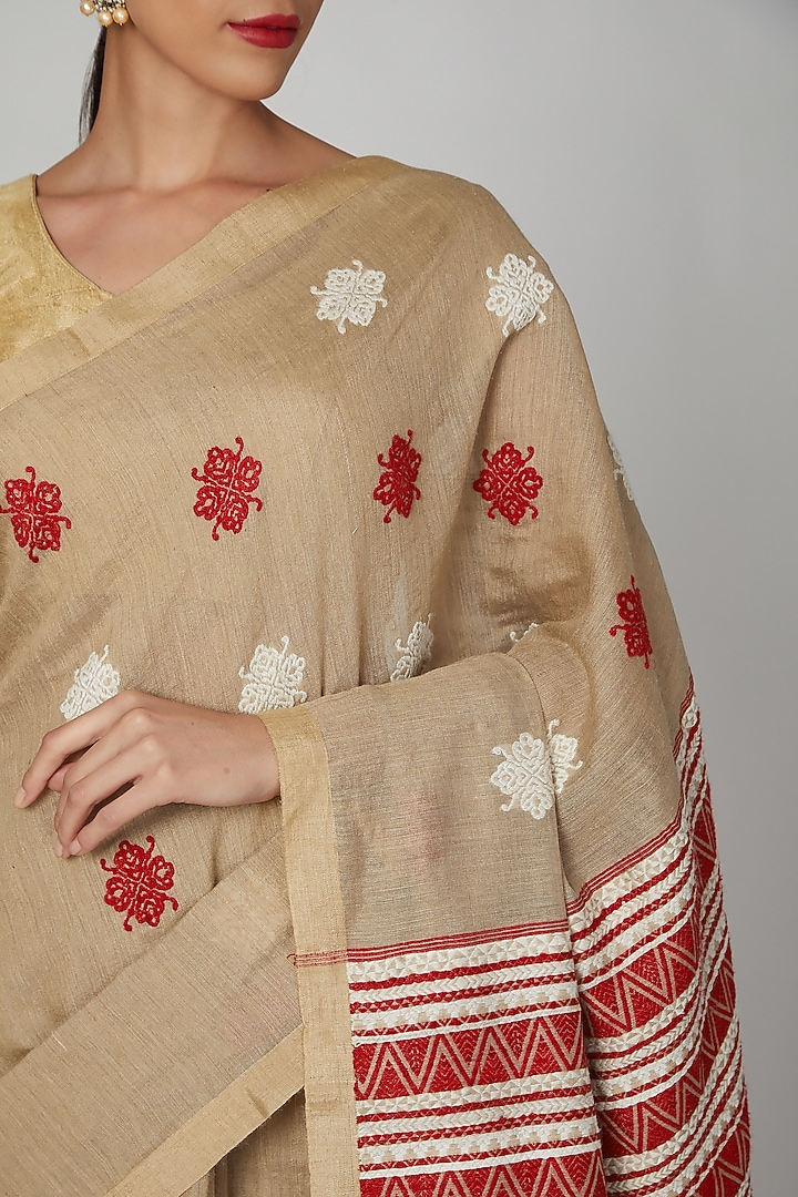 Tea Brown Dyed Silk Party Wear Saree Set With Assamese Tribal Motifs by The Silk Chamber at Pernia's Pop Up Shop