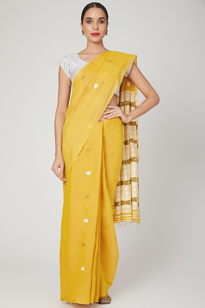 Tumeric Yellow Dyed Saree Set by The Silk Chamber at Pernia's Pop Up Shop