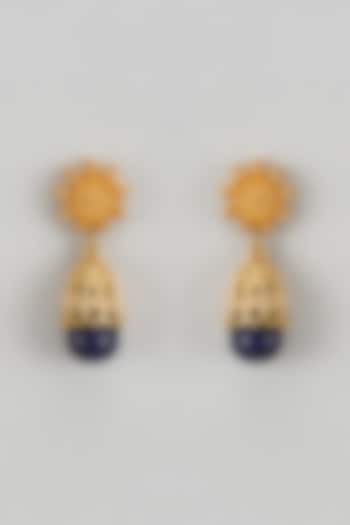 Gold Finish Blue Sapphire Stone Dangler Earrings by The Style Closet