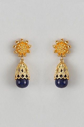 Gold Finish Blue Sapphire Stone Dangler Earrings by The Style Closet