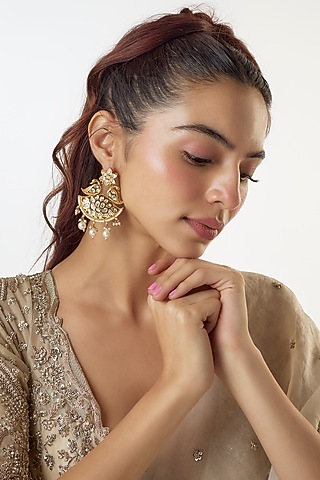 Gold Finish Kundan Polki & Pearl Drop Chandbali Earrings by The Style Closet