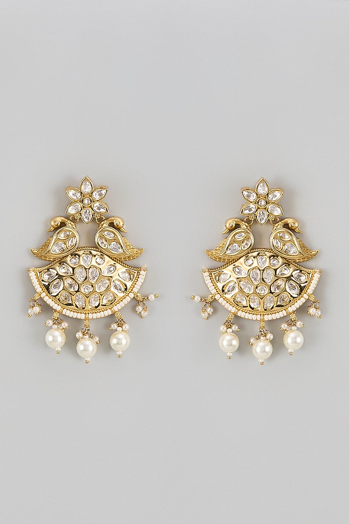 Gold Finish Kundan Polki & Pearl Drop Chandbali Earrings by The Style Closet at Pernia's Pop Up Shop
