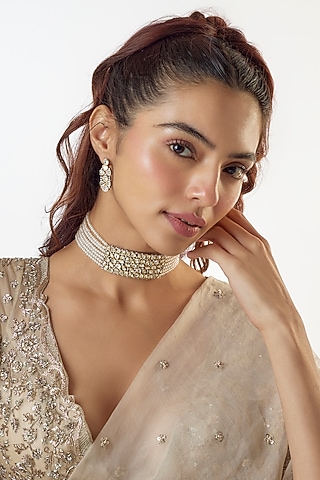 Gold Finish Kundan Polki & Pearl Choker Necklace Set by The Style Closet