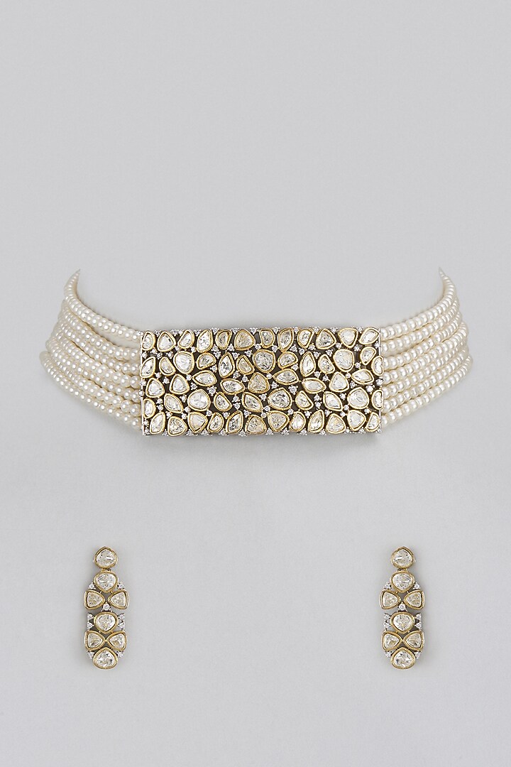 Gold Finish Kundan Polki & Pearl Choker Necklace Set by The Style Closet at Pernia's Pop Up Shop