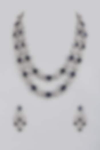 White Finish Blue Sapphire & Zircon Long Necklace Set by The Style Closet