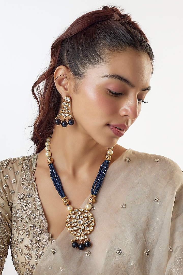 Gold Finish Kundan Polki & Blue Beaded Long Necklace Set by The Style Closet