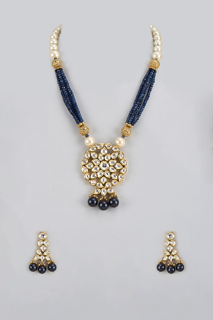 Gold Finish Kundan Polki & Blue Beaded Long Necklace Set by The Style Closet at Pernia's Pop Up Shop