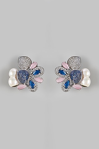 White Finish Zircon & Baroque Pearl Stud Earrings by The Style Closet