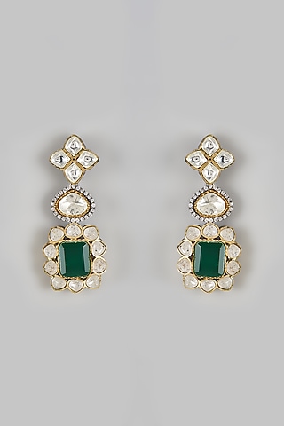 Gold Finish Kundan Polki & Semi-Precious Emerald Stone Dangler Earrings by The Style Closet