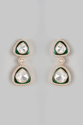 Gold Finish Kundan Polki & Semi-Precious Emerald Stone Dangler Earrings by The Style Closet