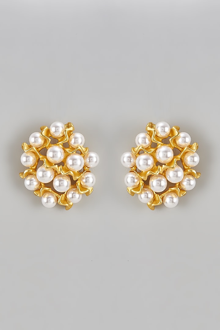 Gold Finish Pearl Stud Earrings by The Style Closet