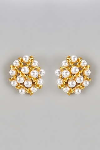 Gold Finish Pearl Stud Earrings by The Style Closet