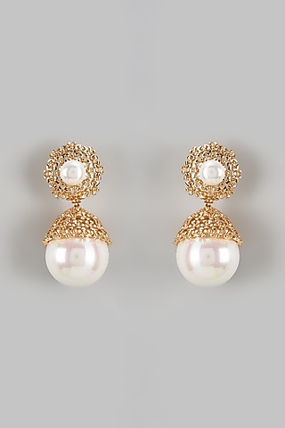 Gold Finish Shell Pearl Dangler Earrings by The Style Closet
