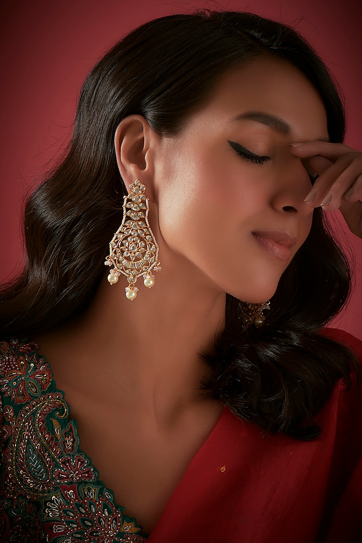 Gold Finish Pearl & Kundan Polki Chandbaali Earrings by The Style Closet