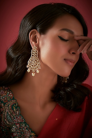 Gold Finish Pearl & Kundan Polki Chandbaali Earrings by The Style Closet