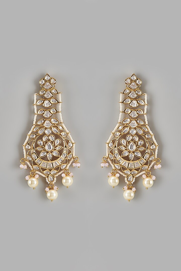 Gold Finish Pearl & Kundan Polki Chandbaali Earrings by The Style Closet at Pernia's Pop Up Shop