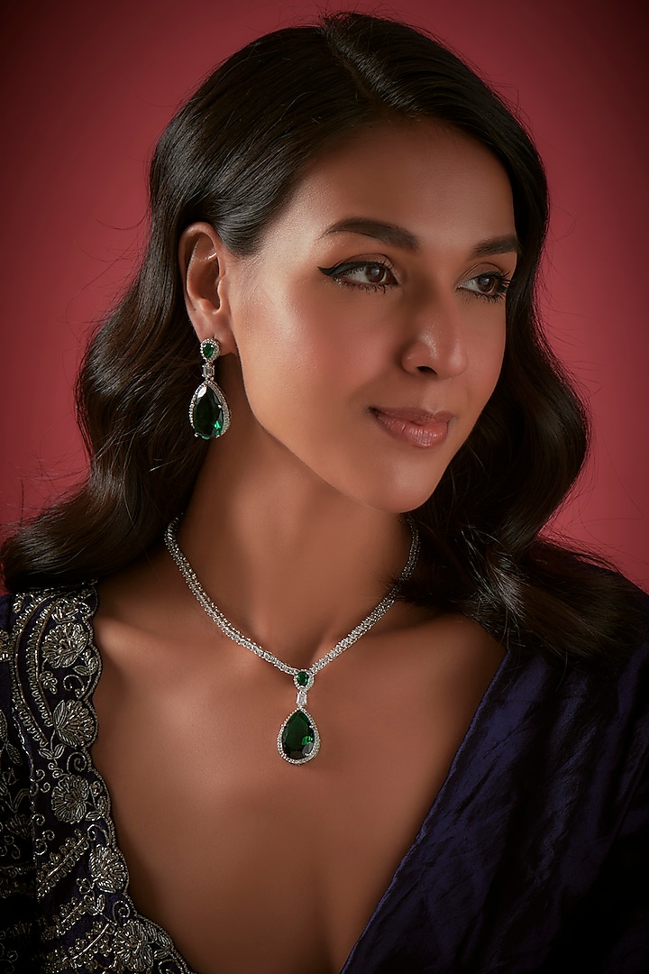 White Finish Diamond & Synthetic Emerald Stone Necklace Set by The Style Closet