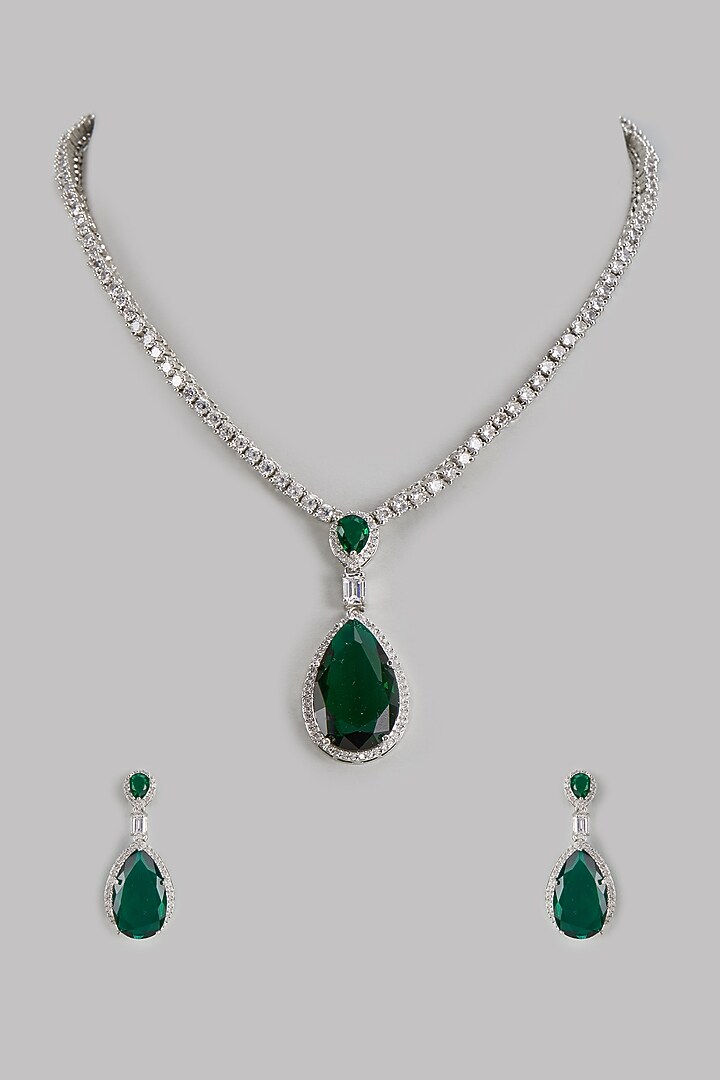 White Finish Diamond & Synthetic Emerald Stone Necklace Set by The Style Closet at Pernia's Pop Up Shop