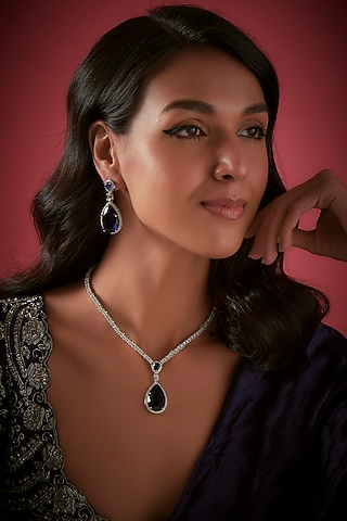 White Finish Diamond & Synthetic Sapphire Stone Necklace Set by The Style Closet
