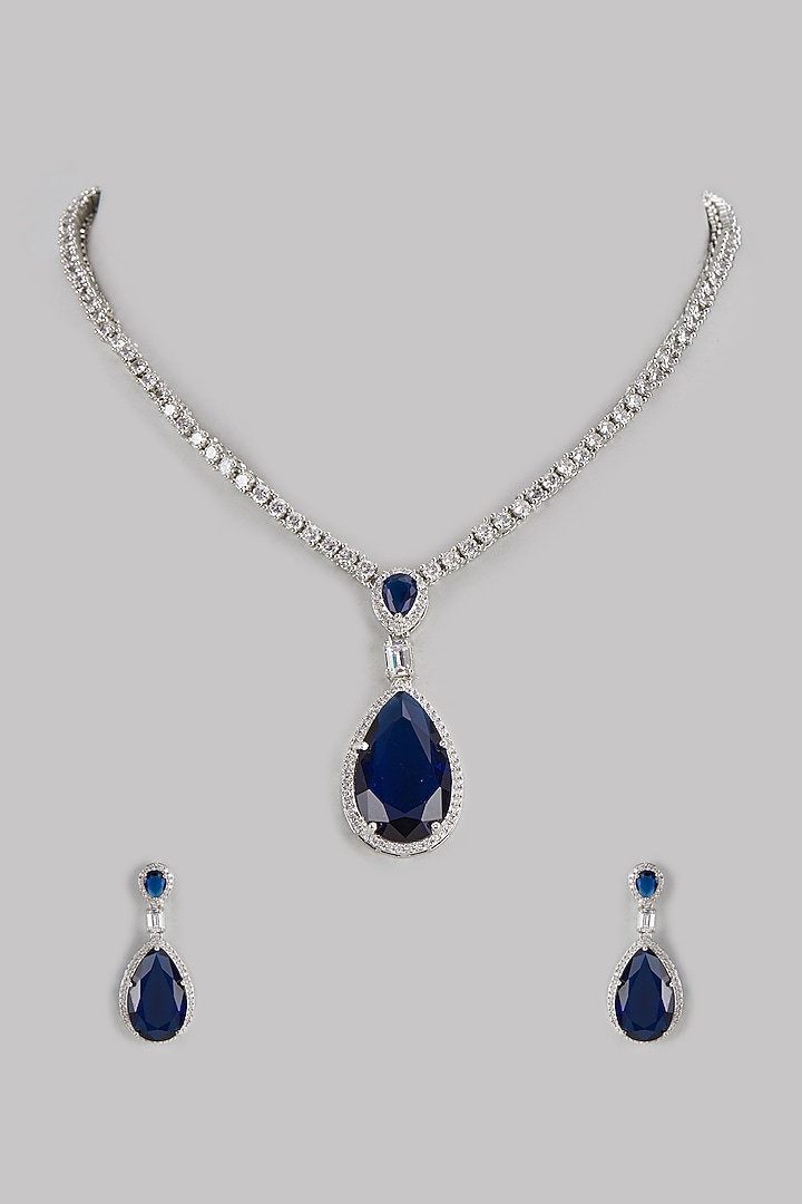 White Finish Diamond & Synthetic Sapphire Stone Necklace Set by The Style Closet at Pernia's Pop Up Shop