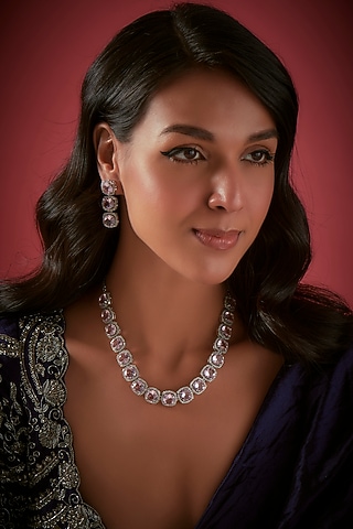 White Finish Pink Crystal Necklace Set by The Style Closet