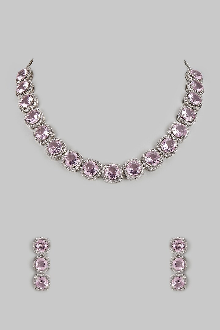 White Finish Pink Crystal Necklace Set by The Style Closet at Pernia's Pop Up Shop