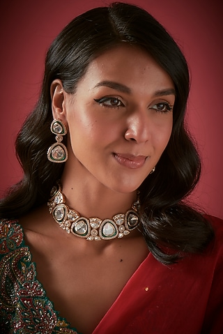 Gold Finish Kundan Polki Necklace Set by The Style Closet