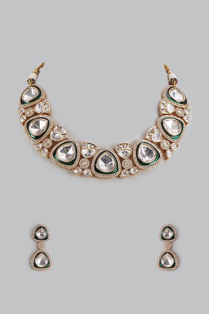Gold Finish Kundan Polki Necklace Set by The Style Closet at Pernia's Pop Up Shop