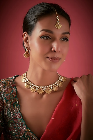 Gold Finish Kundan Polki Necklace Set by The Style Closet