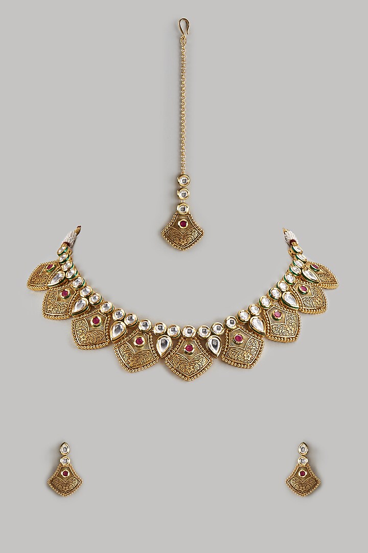 Gold Finish Kundan Polki Necklace Set by The Style Closet at Pernia's Pop Up Shop