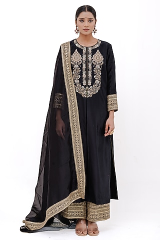 Black Pure Silk Zardosi Work Kurta Set by The Silk Love