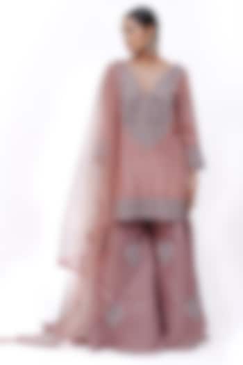 Rose Pink Silk Zari Embroidered Textured Wedding Sharara Set by The Silk Love at Pernia's Pop Up Shop