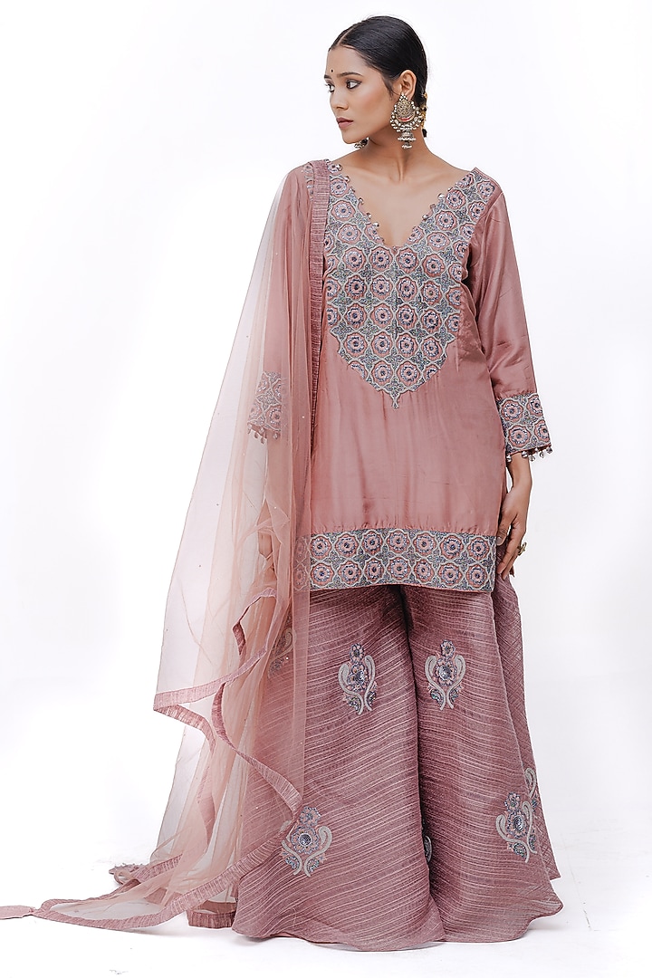 Rose Pink Silk Zari Embroidered Textured Wedding Sharara Set by The Silk Love at Pernia's Pop Up Shop