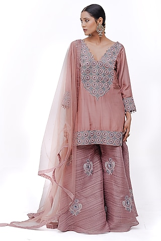 Rose Pink Silk Zari Embroidered Textured Sharara Set by The Silk Love