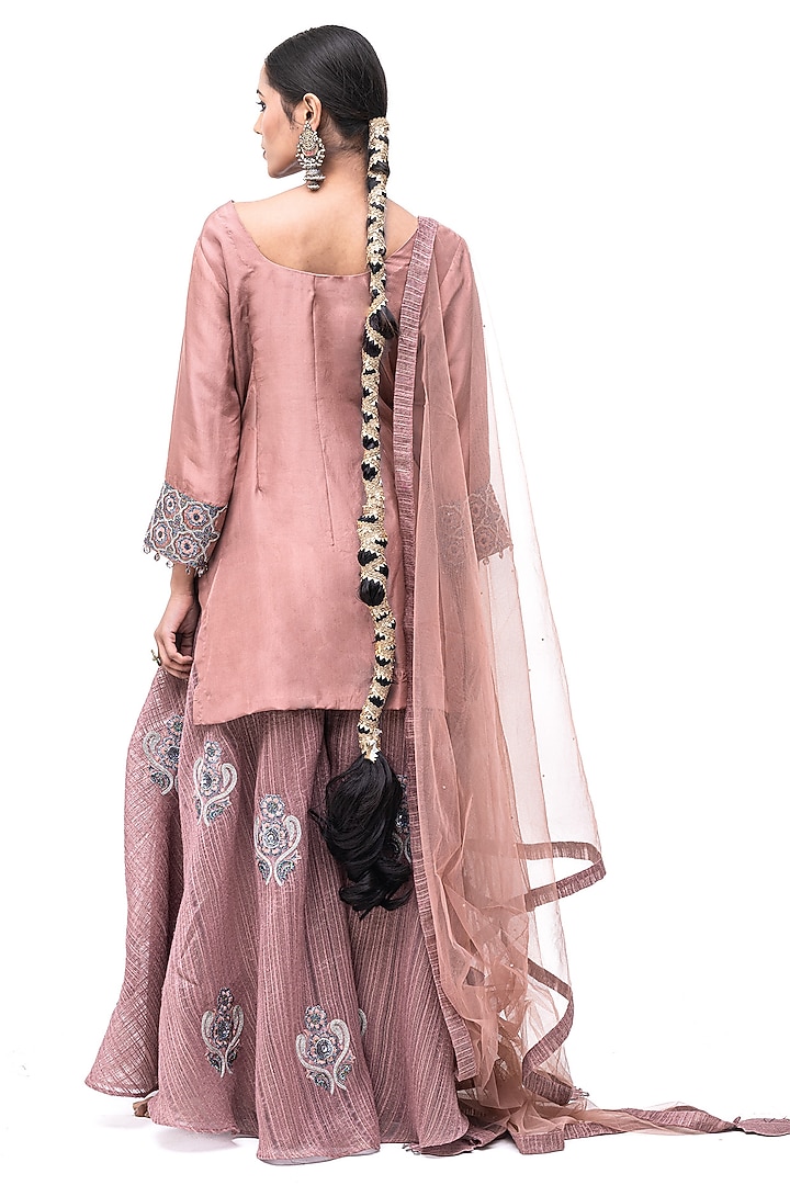 Rose Pink Silk Zari Embroidered Textured Wedding Sharara Set by The Silk Love at Pernia's Pop Up Shop