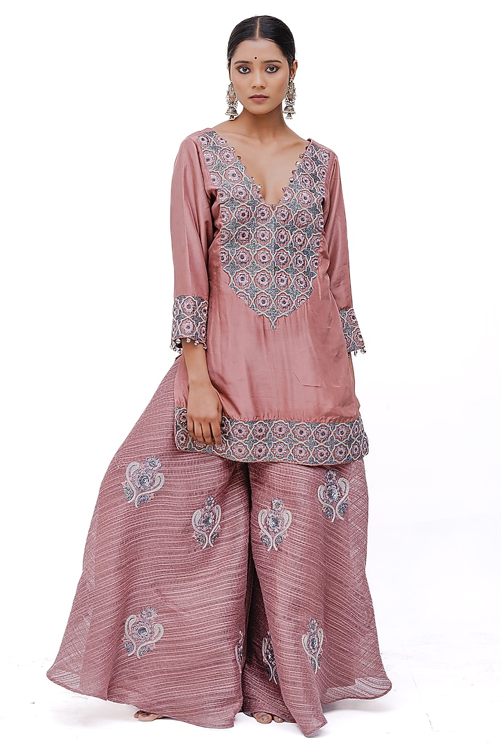 Rose Pink Silk Zari Embroidered Textured Wedding Sharara Set by The Silk Love at Pernia's Pop Up Shop