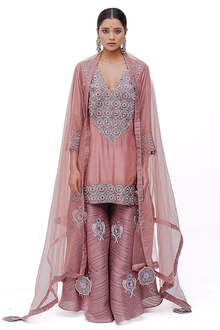 Rose Pink Silk Zari Embroidered Textured Wedding Sharara Set by The Silk Love at Pernia's Pop Up Shop