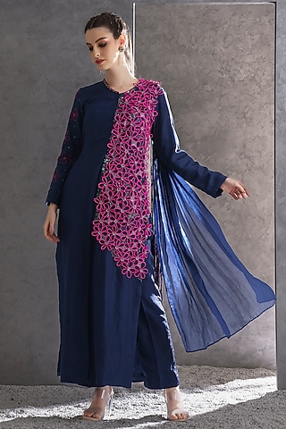 Blue Pure Silk Zari & Thread Embellished Kurta Set by The Silk Love