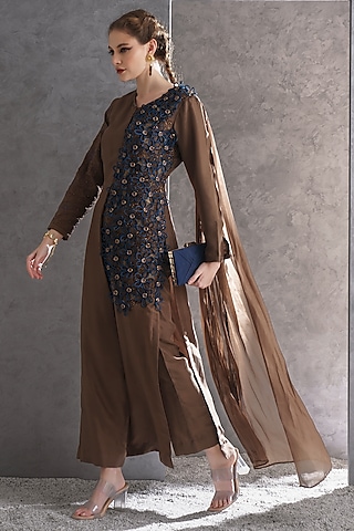 Mousse Brown Pure Silk Zari & Thread Embellished Kurta Set by The Silk Love