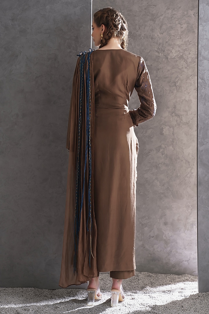 Mousse Brown Pure Silk Zari & Thread Embellished Kurta Set by The Silk Love at Pernia's Pop Up Shop