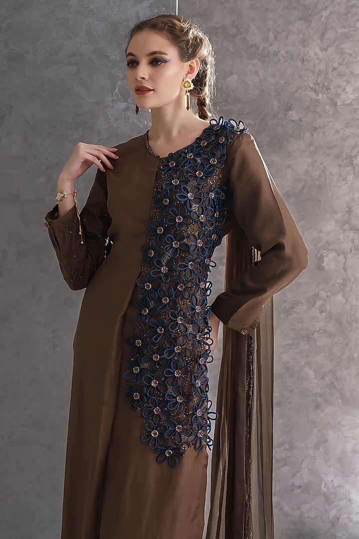 Mousse Brown Pure Silk Zari & Thread Embellished Kurta Set by The Silk Love at Pernia's Pop Up Shop