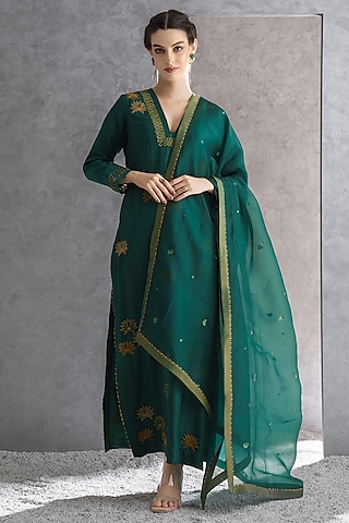 Lush Green Pure Silk Cord Embroidered Kurta Set by The Silk Love