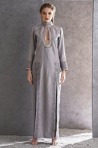 Sand Grey Pure Silk Sequin & Bead Embellished Kurta Set by The Silk Love