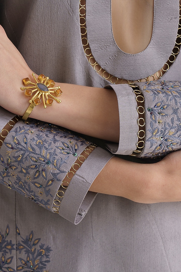 Sand Grey Pure Silk Sequin & Bead Embellished Kurta Set by The Silk Love at Pernia's Pop Up Shop